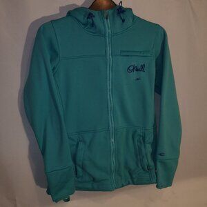 O'neill Ladies Size Medium Teal Full Zip Fitted Jacket with Faux Fur Lined Hood